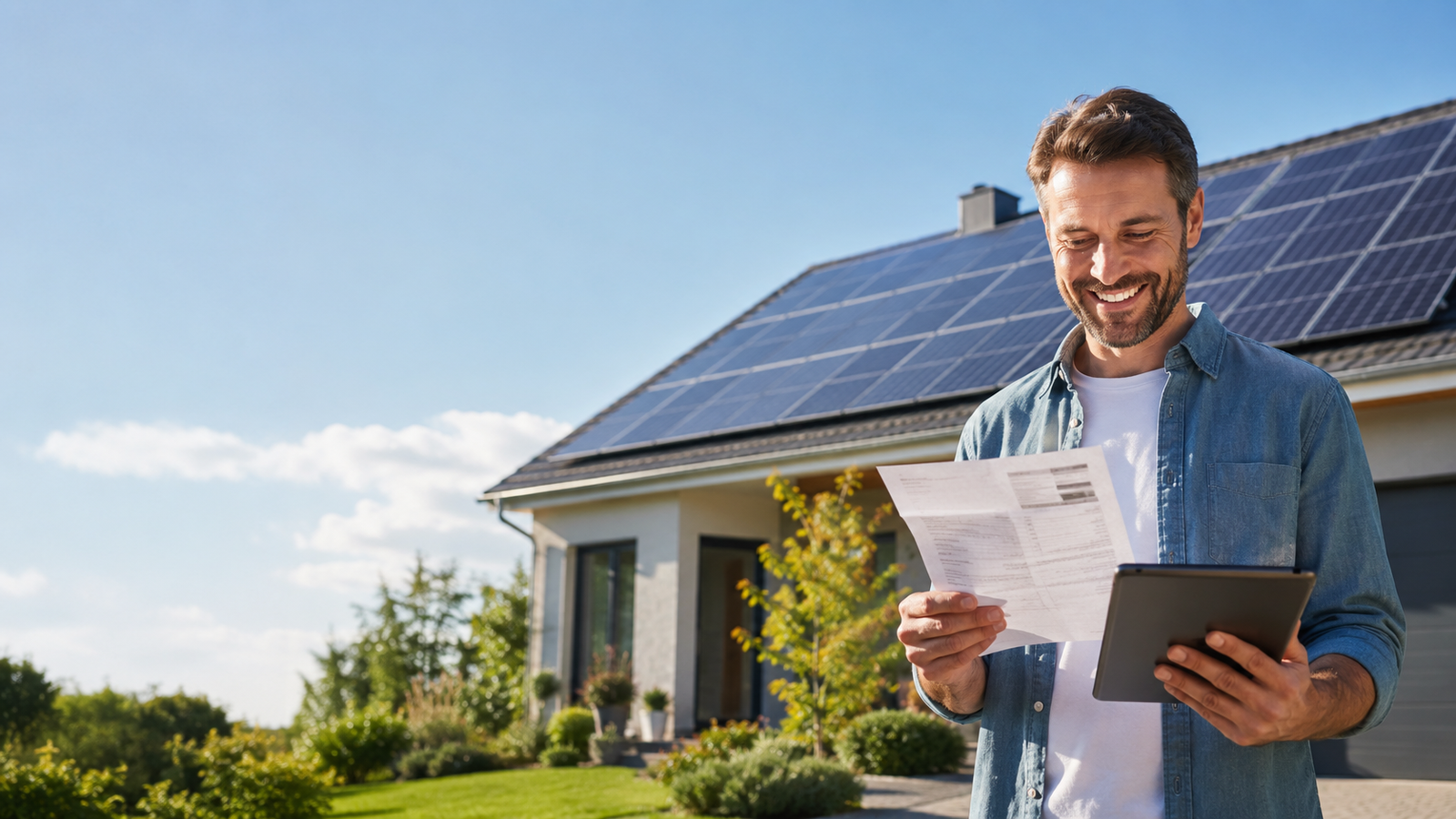 A smiling homeowner stands in his front yard reviewing a paper energy bill and a tablet, with his house and its rooftop solar panels behind him under a clear blue sky.